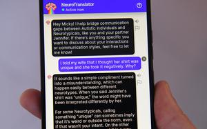 A screenshot of an AI chatbot exchange on the NeuroTranslator phone app. 