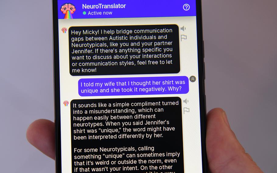 A screenshot of an AI chatbot exchange on the NeuroTranslator phone app. 