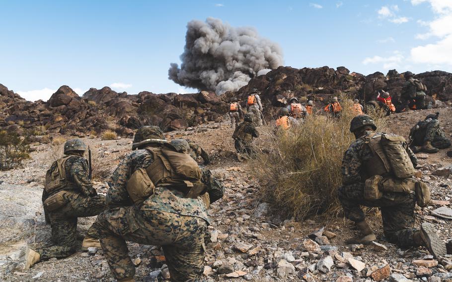 U.S. Marines detonate obstacle-breaching Bangalore torpedoes during an exercise at Twentynine Palms, Calif., in November 2019. Nearly six months after they went missing from Twentynine Palms, several pounds of C4 explosives have been recovered, an officials said, but no suspects have been arrested.