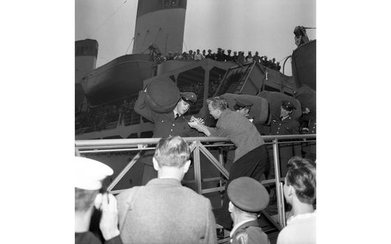 Pvt Elvis Presley, duffle bag on shoulder,  signs an autograph for a lucky fan as he walks off the USS Randall in Bremerhaven, Germany. The singer will be assigned to Co D, 1st Medium Tank Battalion, 32rd Armor (Patton), 3rd Armored Division. While stationed in Germany, Presley would meet Priscilla Beaulieu, the 14-year-old step-daughter of U.S. Air Force officer Paul Beaulieu. They would marry in 1967.

Elvis Presley died 46 years ago today, August 16, 1977. 

Want to read more of Stars and Stripes’ celebrity coverage from the 50s, enlisted or not? Subscribe to Stars and Stripes’ historic newspaper archive! We have digitized our 1948-1999 European and Pacific editions, as well as several of our WWII editions and made them available online through http://starsandstripes.newspaperarchive.com/

META TAGS: Europe; West Germany; music; entertainment; rock and roll; Elvis Presley; singer; entertainer; Army; military service; actor; celebrity