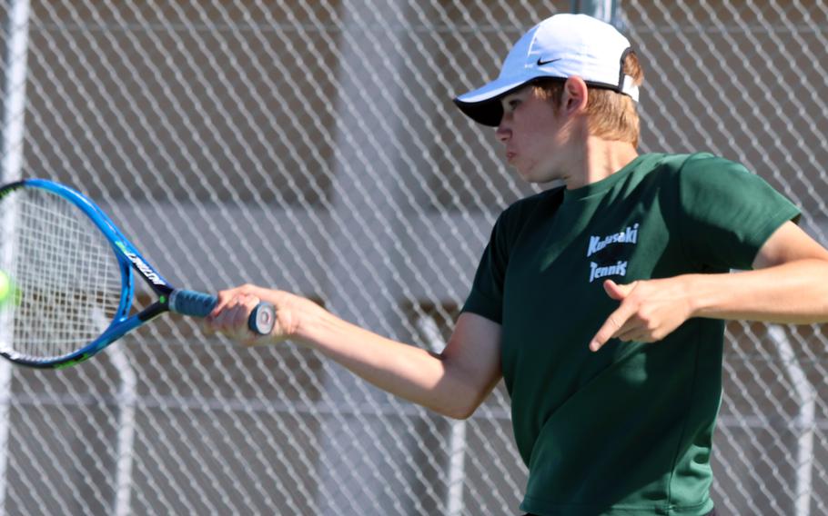 Kubasaki's Owen Ruksc teamed with Jacy Fisk to win the boys doubles title in the All-Japan DODEA Tournament. Ruksc also lost the boys singles final to Kadena's Evan Davis.