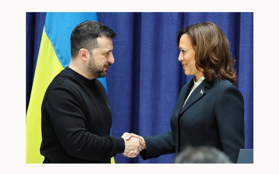 U.S. Vice President Kamala Harris and Ukrainian President Volodymyr Zelenskyy shake hands as they attend a press conference during the Munich Security Conference in Munich, Germany Feb. 17, 2024.