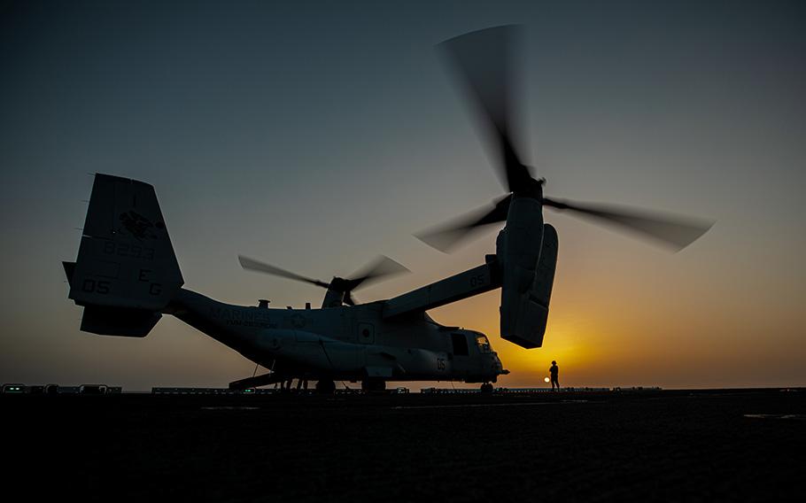 A U.S. Marine Corps MV-22 Osprey sits on the flight deck of the Wasp-class amphibious assault ship USS Kearsarge (LHD 3), in the Atlantic Ocean, on July 25, 2022. 