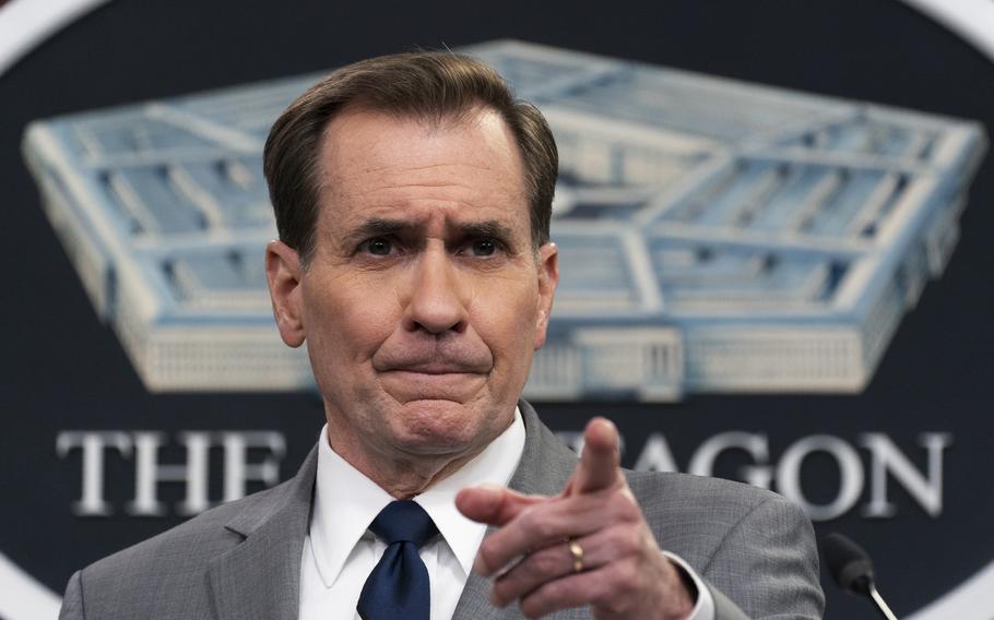 Pentagon spokesman John Kirby speaks during a briefing at the Pentagon in Washington, Monday, Jan. 24, 2022. The Pentagon says that Defense Secretary Lloyd Austin has put about 8,500 troops on heightened alert, so they will be prepared to deploy if needed to reassure NATO allies in the face of ongoing Russian aggression on the border of Ukraine.