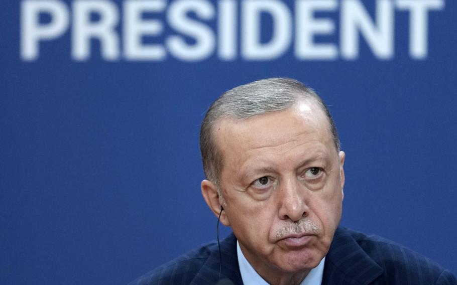 Turkey’s President Recep Tayyip Erdogan listens to his Serbian counterpart Aleksandar Vucic during a news conference in Belgrade, Serbia, Wednesday, Sept. 7, 2022. Erdogan arrived Tuesday in Serbia, as a part of his Balkan’s tour.