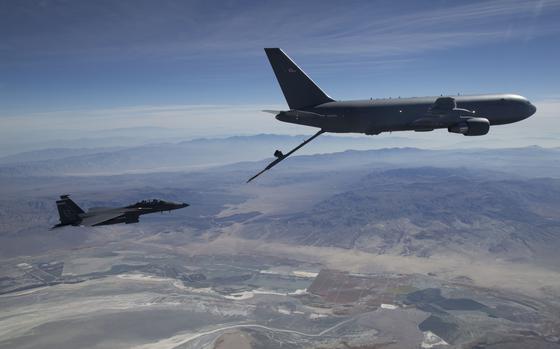 A KC-46A Pegasus aerial refueling aircraft connects with an F-15 Strike Eagle test aircraft from Eglin Air Force Base, Florida, on Oct. 29th, 2018.  The 418th Flight Test Squadron is conducting refueling tests with the fighter at Edwards Air Force Base, California.  Although Edwards has almost every aircraft in the Air Force's inventory for flight testing and system upgrades, the base does not have F-15s, so the 40th Flight Test Squadron from Eglin is assisting with the KC-46A refueling tests.  The KC-46A Pegasus is intended to start replacing the Air Force's aging tanker fleet, which has been refueling aircraft for more than 50 years.  With more refueling capacity and enhanced capabilities, improved efficiency and increased capabilities for cargo and aeromedical evacuation, the KC-46A will provide aerial refueling support to the Air Force, Navy, Marine Corps, and allied nation aircraft. (U.S. Air Force photo by Master Sgt Michael Jackson).