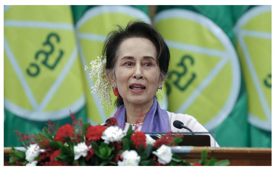 Myanmar’s then leader Aung San Suu Kyi delivers a speech during a meeting on implementation of Myanmar Education Development in Naypyidaw, Myanmar, Jan. 28, 2020. Myanmar’s military says Suu Kyi has been moved from prison to house arrest as health measure due to a heat wave. 