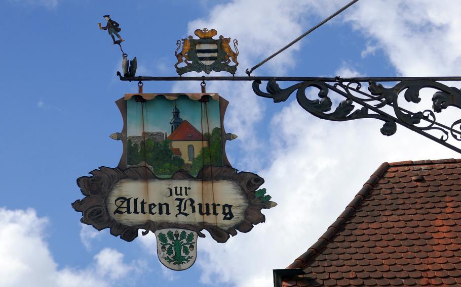 The old-fashioned sign for the restaurant Zur Alten Burg in Dreieichenhain, Germany. A the foot of the town’s castle, it serves German and Hessian specialties. It’s a popular place, but doesn’t open until 5 p.m.