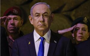 Israeli Prime Minister Benjamin Netanyahu attends a wreath-laying ceremony marking Holocaust Remembrance Day for the six million Jews killed in World War II, at the Yad Vashem Holocaust Memorial in Jerusalem on May 6, 2024. (Amir Cohen/Pool/AFP/Getty Images/TNS)