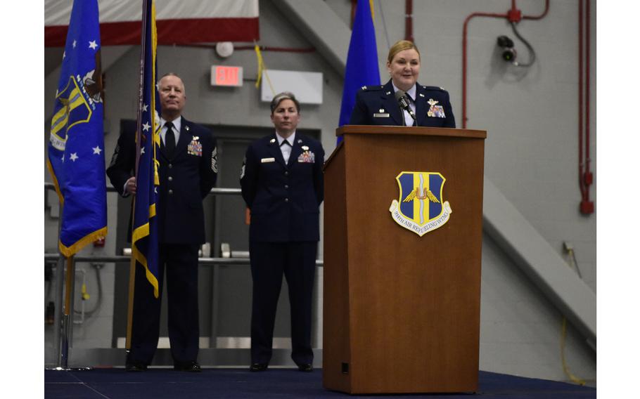 U.S. Air Force Col. Lara Morrison, commander of the 914th Air Refueling Wing, speaks during her change of command ceremony at the Niagara Falls Air Reserve Station, N.Y., on Feb. 12, 2022. Morrison became the first female wing and installation commander in the Air Force Reserve unit's history dating to 1971.