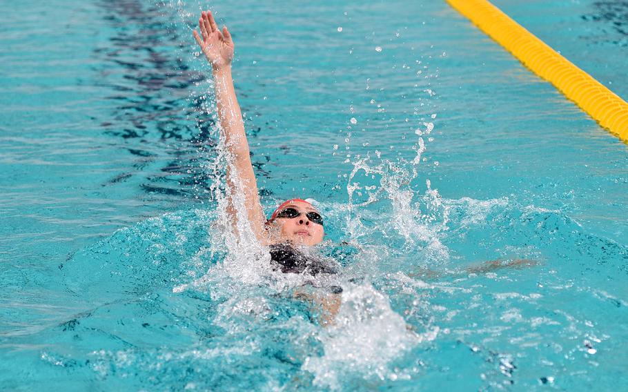 Isabella Cardenas of Rota swims the 15-to-16-year-old girls 100-meter backstroke Sunday during the European Forces Swim League Short Distance Championships at the Pieter van den Hoogenband Zwemstadion at the Zwemcentrum de Tongelreep in Eindhoven, Netherlands. Cardenas set a new EFSL record with a time of 1:08.65.