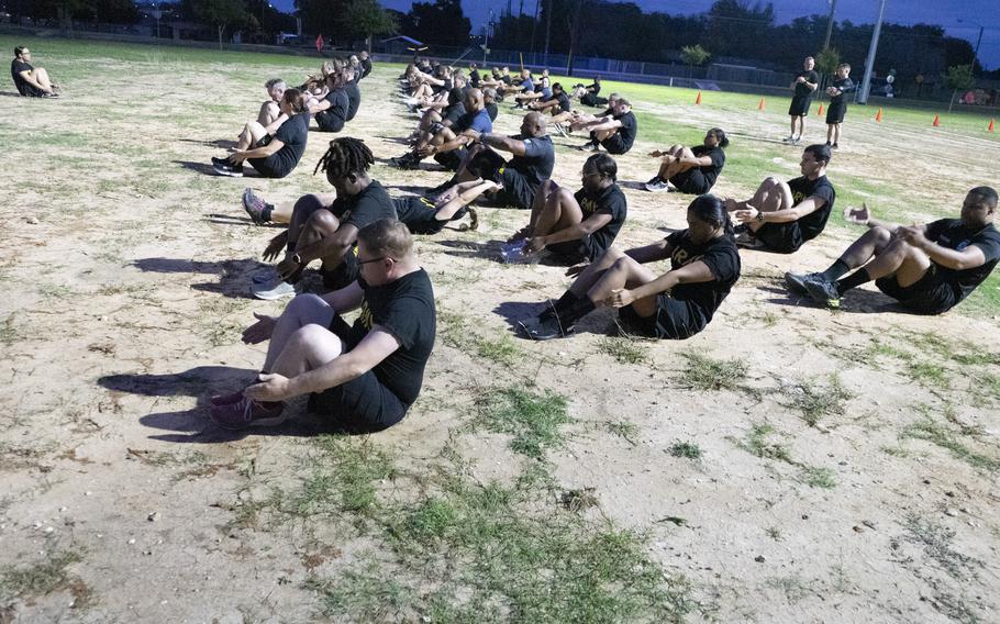Soldiers from the 120th Infantry Brigade participate in the Army Combat Fitness Test to improve overall fitness on Nov. 8, 2023, at Fort Cavazos, Texas. 
