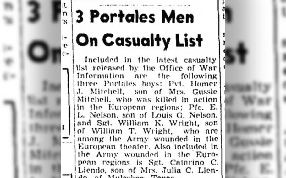 Army Pvt. Homer J. Mitchell of Portales, N.M., was killed in Germany's Pachten Forest during World War II. He was accounted for by the Defense POW/MIA Accounting Agency in July.