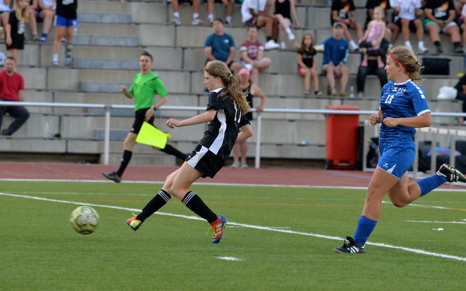 Stuttgart’s Haley Wells scores her team’s goal in the girls Division I final at the DODEA-Europe soccer championships in Kaiserslautern, Germany, Thursday, May 19 2022. Ramstein answered quickly to tie. The game ended 1-1 and the teams were named co-champions after a lightning storm stopped the game.
