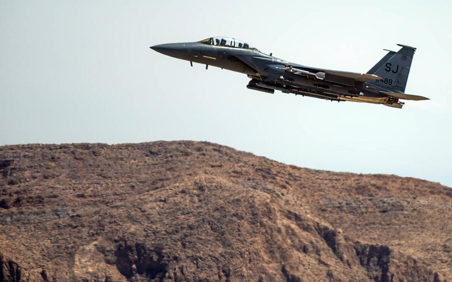 A jet takes off from Nellis Air Force Base during Red Flag 22-3 on Thursday, July 21, 2022, in Las Vegas.