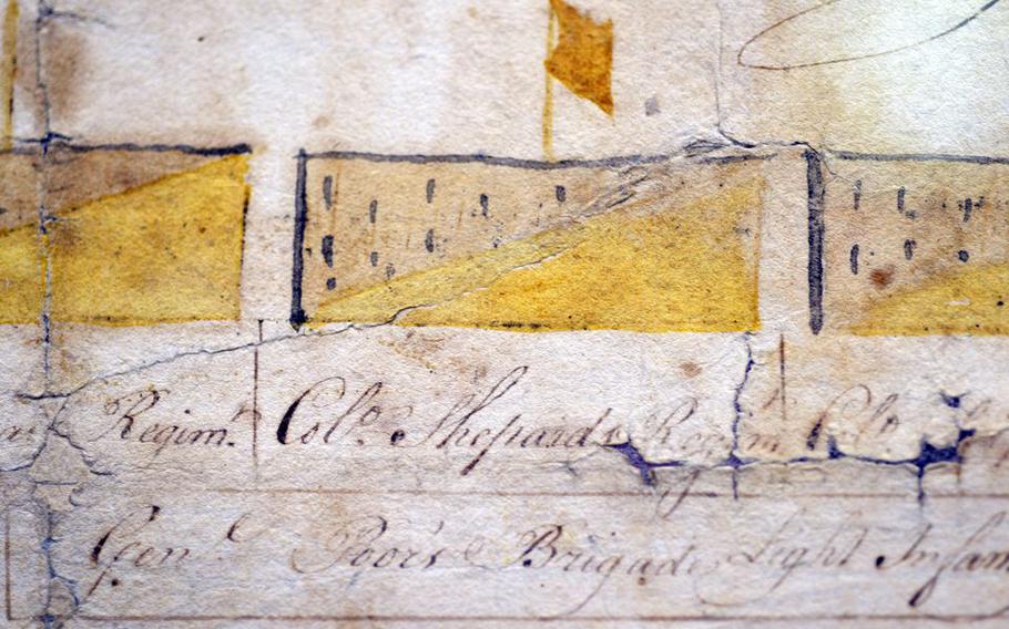 A detail of the Revolutionary War battle plan drawn by Westfield’s Major Moses Ashley and now in the collection of Historic Deerfield. The name of Col. William Shepard of Westfield appears in the center. Shepard’s statue stands in the center of Westfield.