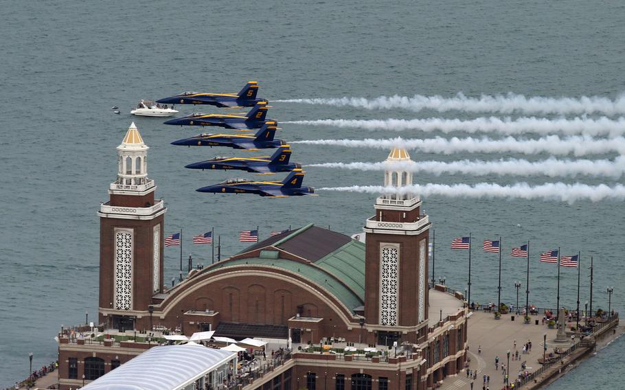 The U.S. Navy Blue Angels perform a practice run for the 2019 Chicago Air and Water Show along the Chicago lakefront on Friday, Aug. 16, 2019.