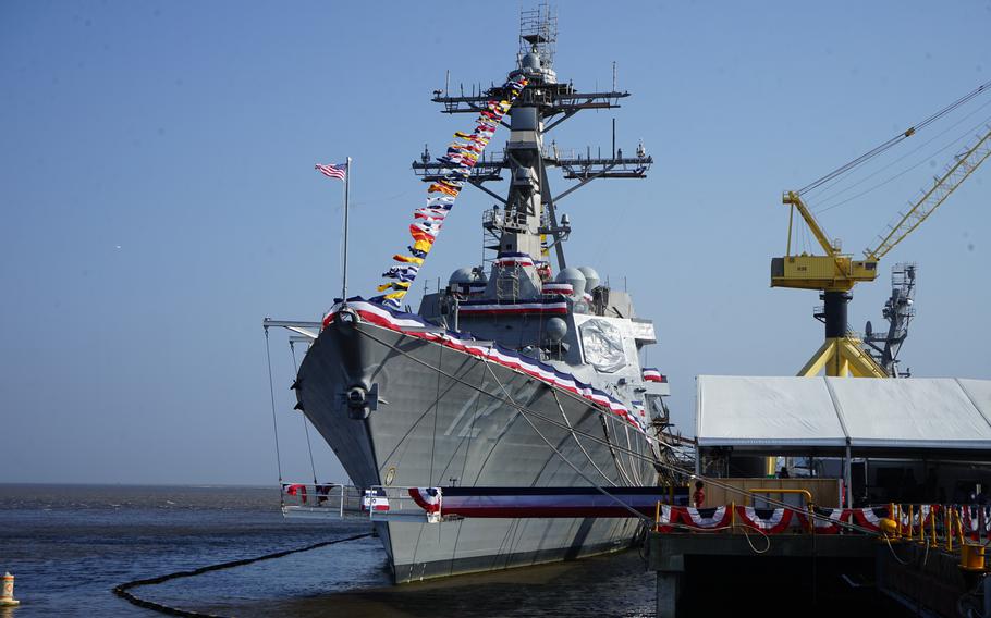 USS Lenah S. Higbee is dressed for the ceremony at its christening April 24, 2021, at the Ingalls Ship Yard in Pascagoula, Miss.