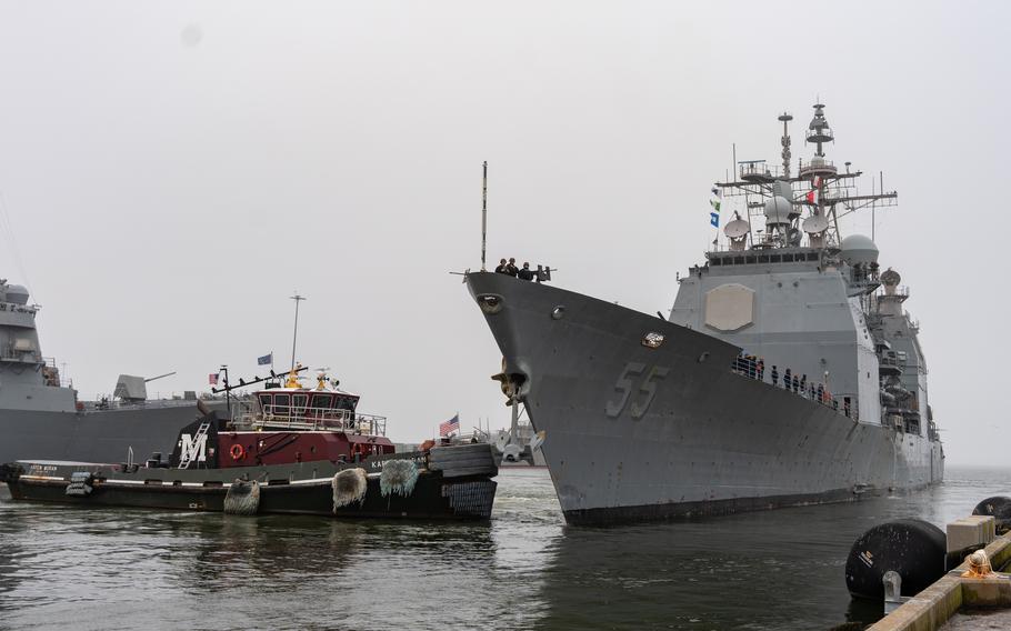 The guided-missile cruiser USS Leyte Gulf departs Naval Station Norfolk, Va., Jan. 28, 2024, for a scheduled deployment to the U.S. 4th Fleet area of operations.