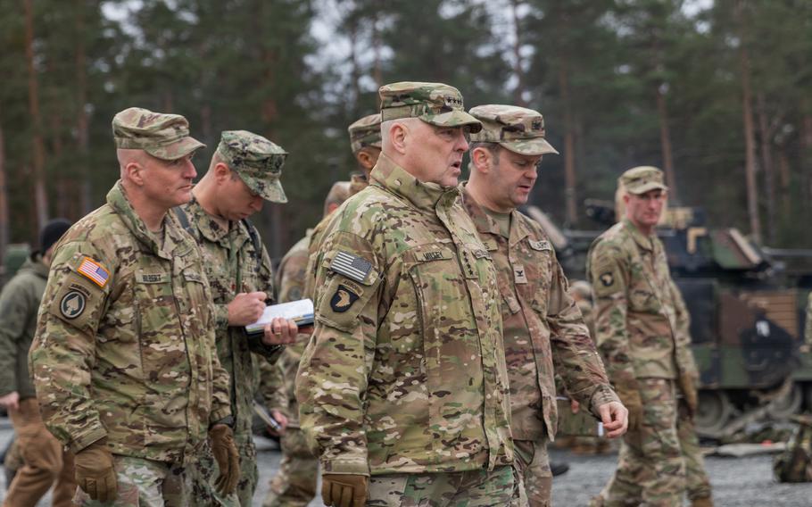 U.S. Army Gen. Mark A. Milley, then-U.S. Joint Chiefs of Staff chairman, meets with U.S. Army leaders responsible for the collective training of Ukrainians at Grafenwoehr Training Area, Grafenwoehr, Germany, Jan. 16, 2023.