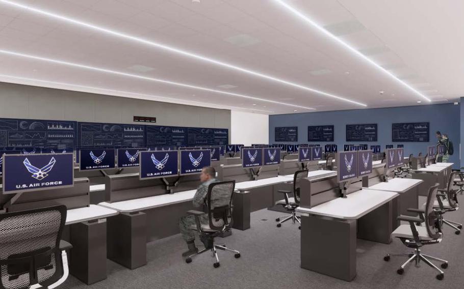 A rendering of an indoors area that looks like an office, with rows of desks and computers.