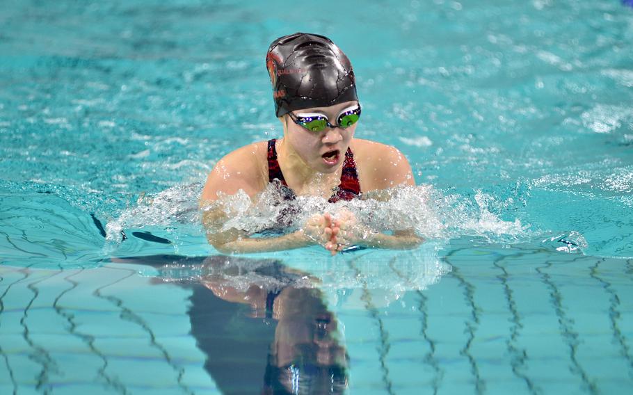 Stuttgart's Katrina Chao competes in the girls 17-to-19-year-old 100-meter breatstroke race on Saturday during the European Forces Swim League Short Distrance Championships at the Pieter van den Hoogenband Zwemstadion at the Zwemcentrum de Tongelreep.