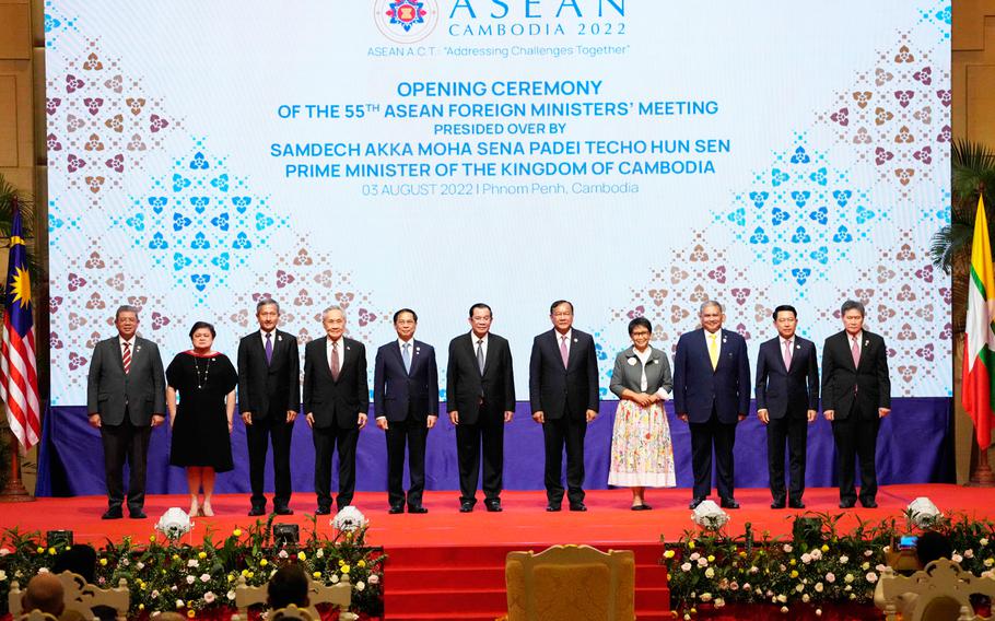 From left to right; Malaysian Foreign Minister Saifuddin Abdullah, Philippines Foreign Affairs acting Undersecretary Theresa Lazaro, Singapore Foreign Minister Vivian Balakrishnan, Thailand's Foreign Minister Don Pramudwinai, Vietnam Foreign Minister But Thanh Son, Cambodia's Prime Minister Hun Sen, Cambodia's Foreign Minister Peak Sokhonn, Indonesia's Foreign Minister Retno Marsudi, Brunei Second Minister of Foreign Affair Erywan Yusof, Laos Foreign Minister Saleumxay Kommasith, and Secretary-General of ASEAN Lim Jock Hoi poses for a group photograph during the opening for the 55th ASEAN Foreign Ministers' Meeting (55th AMM) in Phnom Penh, Cambodia.