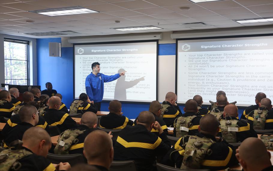 Students in the fitness track of the Army’s Future Soldier Preparatory Course receive resiliency training at Fort Jackson, S.C., on Dec. 13, 2022.