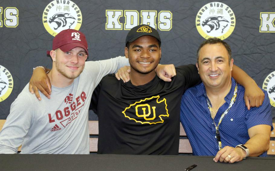 Kadena coach Sergio Mendoza, right, said of Panthers seniors Trent Fowler and James Wright: "These guys are emblematic of the type of person we want to develop here at Kadena."