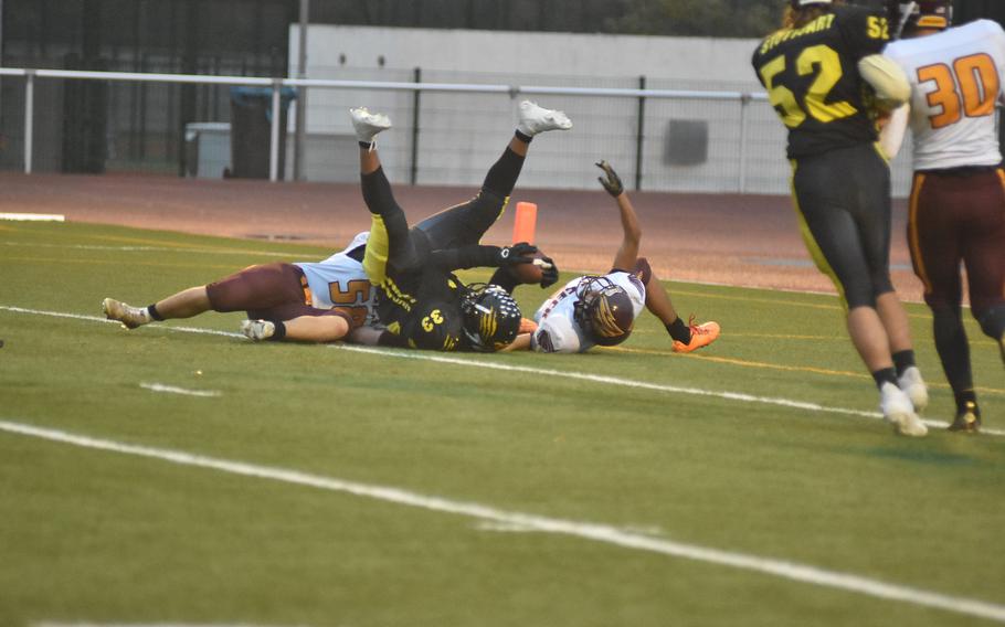 Stuttgart's Trenton Jackson made it into the end zone - though not on his feet - in this play against the Vilseck Falcons in the DODEA-Europe Division I title game on Oct. 30, 2021, at Kaiserslautern, Germany.