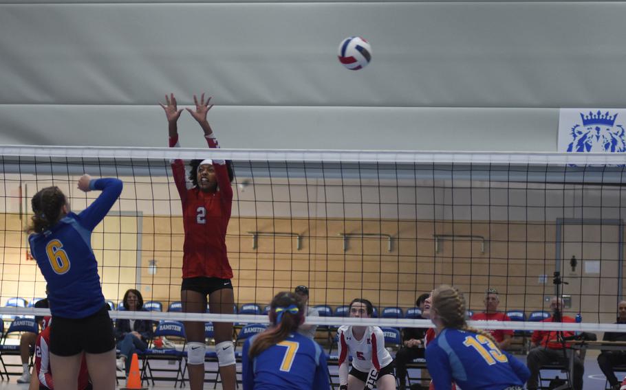Moriah Deane tries to block a shot by Wiesbaden’s Lorelei Kemmer at the net in the DODEA-Europe Division I girls’ volleyball championship on Saturday, Oct. 29, 2022, at Ramstein High School in Germany. Wiesbaden won the match in four sets.