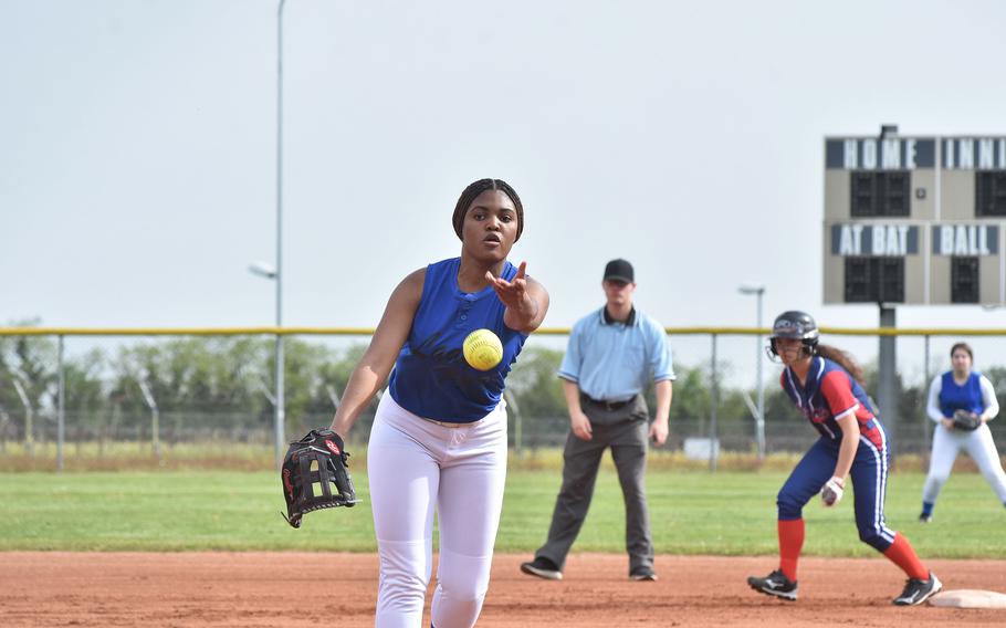 Hohenfels pitcher Jazyln Campbell tosses the ball toward the plate on Friday, April 28, 2023, during a game against Aviano. The Tigers lost 17-1 to the Saints.