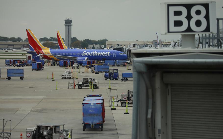 Southwest Airlines passenger jets are parked on the tarmac at Midway International Airport (MDW) in Chicago on Oct. 11, 2021.