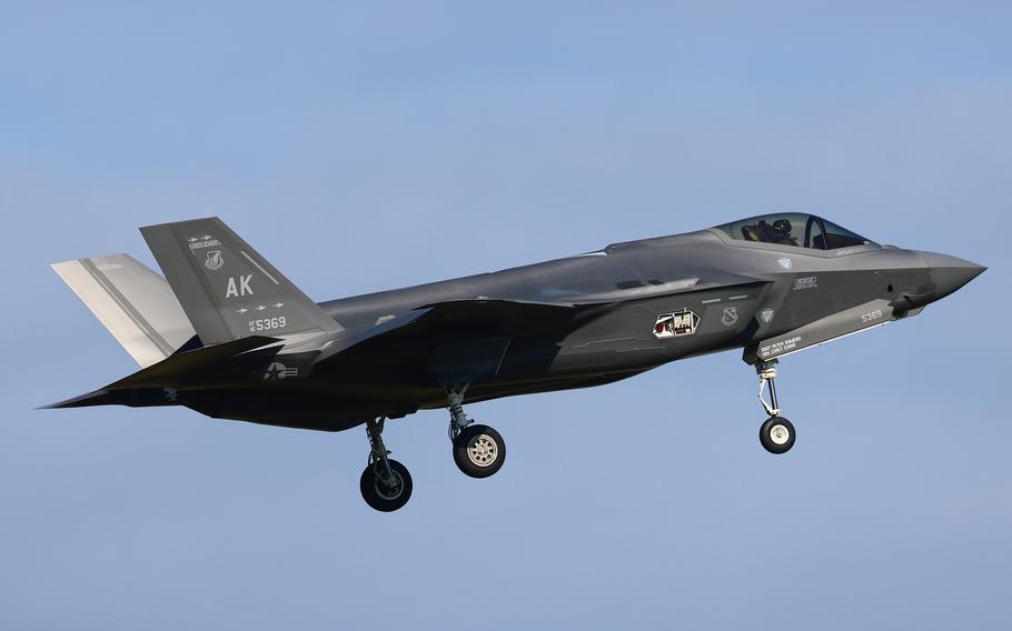 An F-35A Lightning II stealth fighter returned to Kadena Air Base, Okinawa, on Dec. 18, 2023, missing a panel from the body of the aircraft.