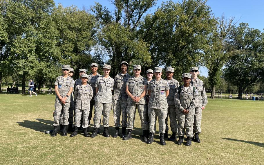 A group of Civil Air Patrol cadets, ages 12 to 18, pose for a photo at the National Mall on Oct. 12, 2024.
