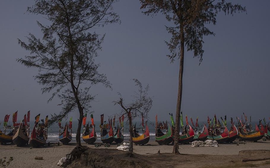 Bordering the Bay of Bengal, Teknaf’s shoreline is littered with fishing boats, called “moon boats” because of their crescent shaped arches, dilapidated tarpaulin shacks and unfinished mud houses. 