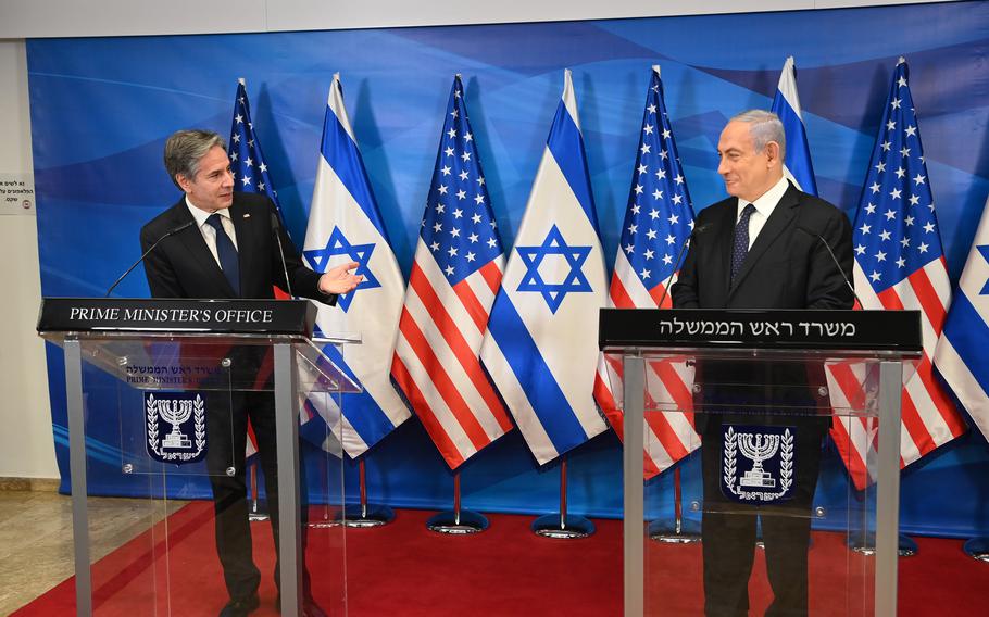 U.S. Secretary of State Antony Blinken and Israeli Prime Minister Binyamin Netanyahu deliver statements to the press at the Prime Minister’s Office in Jerusalem, May 25, 2021.