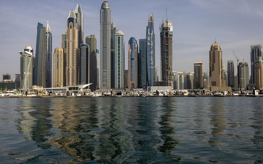 Residential skyscrapers in the Dubai Marina district, viewed from the Dubai International Boat Show in Dubai, United Arab Emirates, on March 9, 2022.