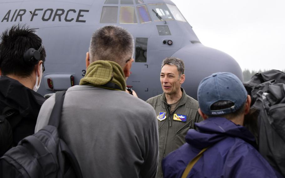 Col. Andrew Roddan, commander of the 374th Airlift Wing, speaks to reporters ahead of the 47th annual Friendship Festival at Yokota Air Base, Japan, Saturday, May 20, 2023. 
