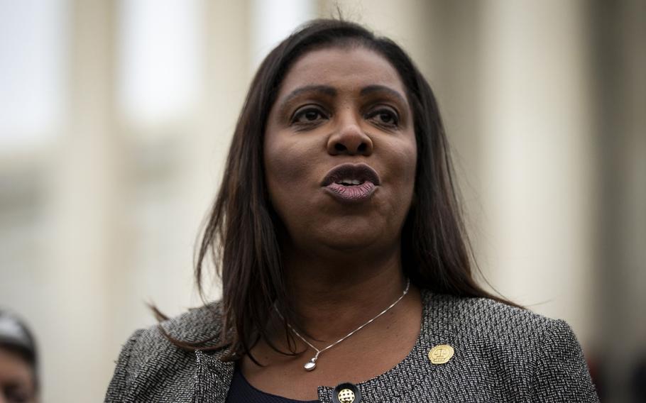 New York Attorney General Letitia James speaks outside the Supreme Court in Washington, D.C., on Nov. 12, 2019. 