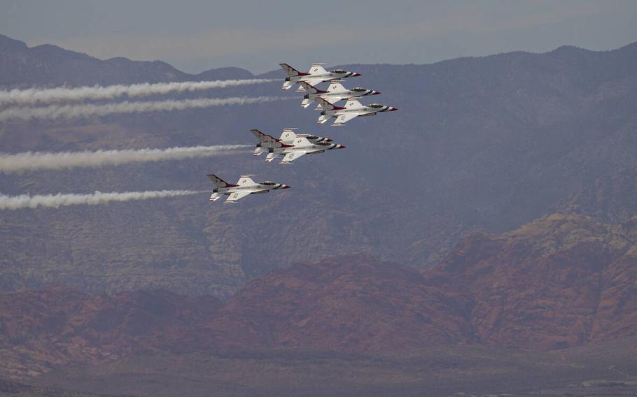 The U.S. Air Force Thunderbirds fly north along the I-15 on Monday, May 9, 2022, in Las Vegas.