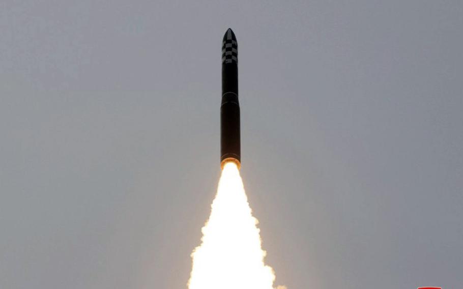 North Korea launches a solid fueled Hwasong-18 intercontinental ballistic missile in April 2023 in this image from the state-run Korean Central News Agency.