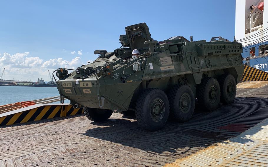 A U.S. Army Stryker vehicle is offloaded from a ship at the Port of Pyeongtaek, South Korea, Oct. 8, 2022.