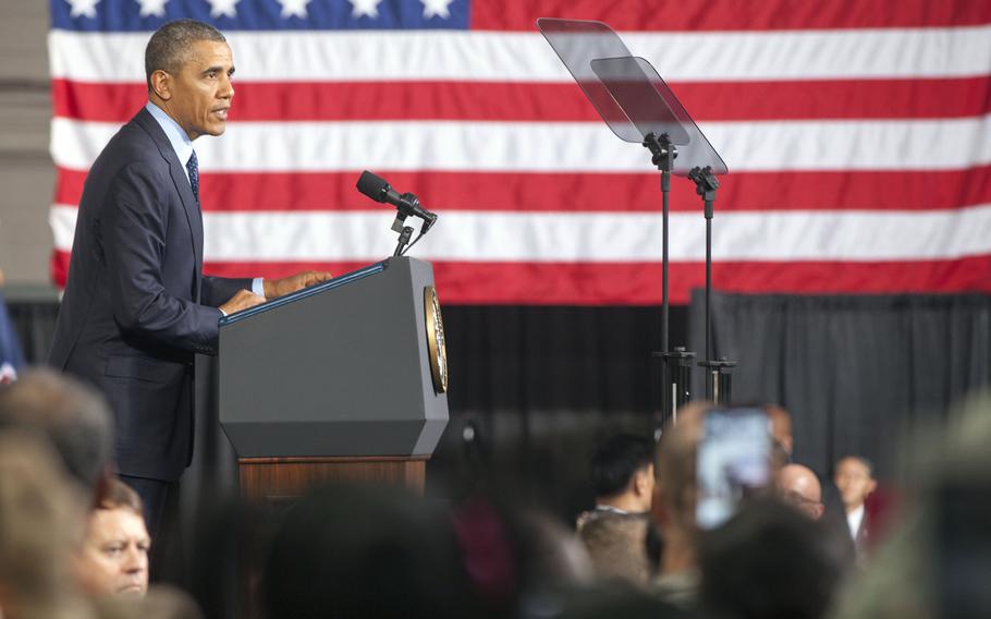 Then-President Barack Obama speaks to service members and their families at Yongsan Garrison in Seoul, South Korea, April 26, 2014. 