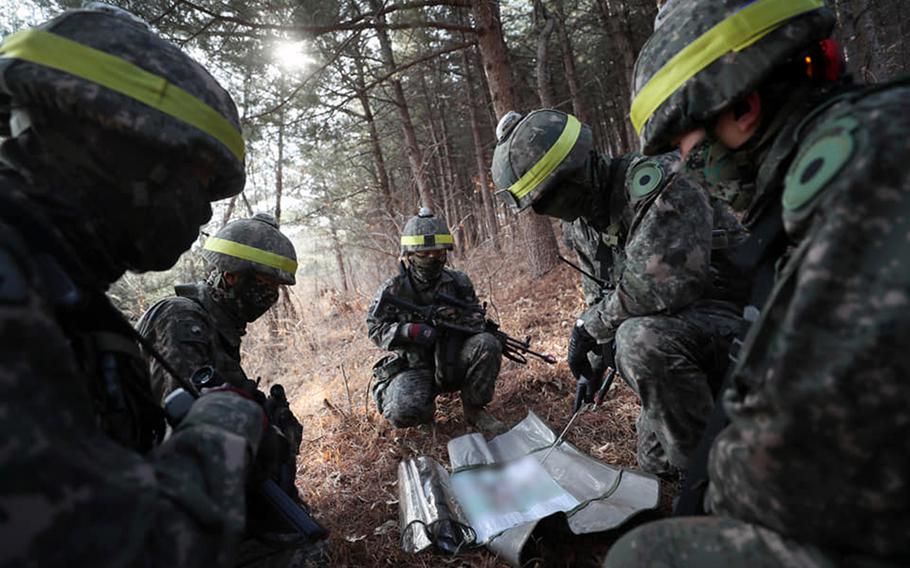 South Korean soldiers take part in an exercise on the Korean Peninsula in February 2022. 