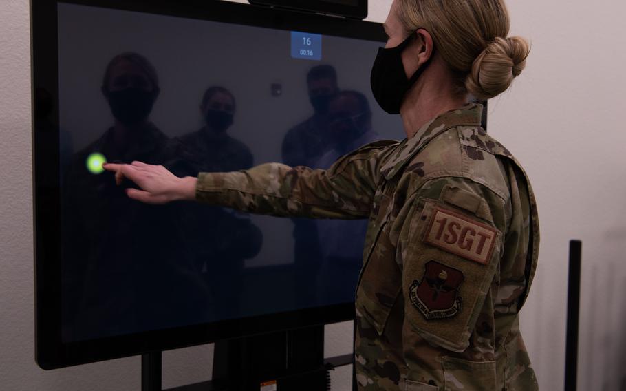 Master Sgt. Kerry Wilson, the first sergeant for the 71st Student Squadron, tests her cognitive skills at Team Vance’s new CRAFT facility Jan. 28. CRAFT Airmen use cutting-edge technology to improve the cognitive abilities of student and instructor pilots. 