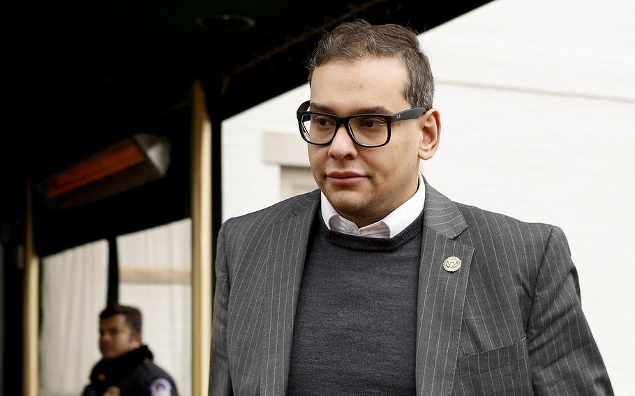 Rep. George Santos, R-N.Y., leaves a GOP caucus meeting on Capitol Hill on Jan. 25, 2023, in Washington, D.C. 