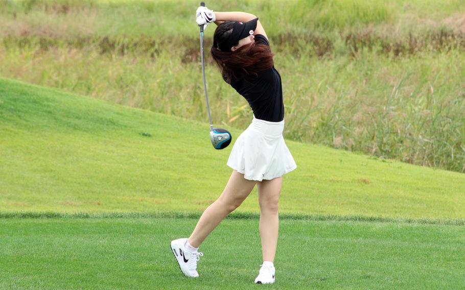 Humphreys' Sarah Alvarado tees off during Thursday's Korea golf matches at River Bend Golf Course, Camp Humphreys. Alvarado finished fourth in the girls' first group.