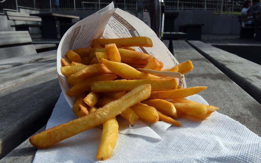 French fries at the Seewooghutte in Ramstein-Miesenbach, Germany, come in a paper cone. The kiosk is open throughout the year and offers snack food and meals.
