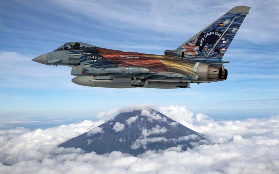 A German air force Eurofighter flies near Mount Fuji, Japan, Wednesday, Sept. 28, 2022.